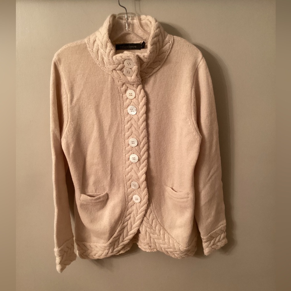 Irelands Eye Clover Cropped Aran Cardigan Sweater Virgin Wool Sagemari size XL